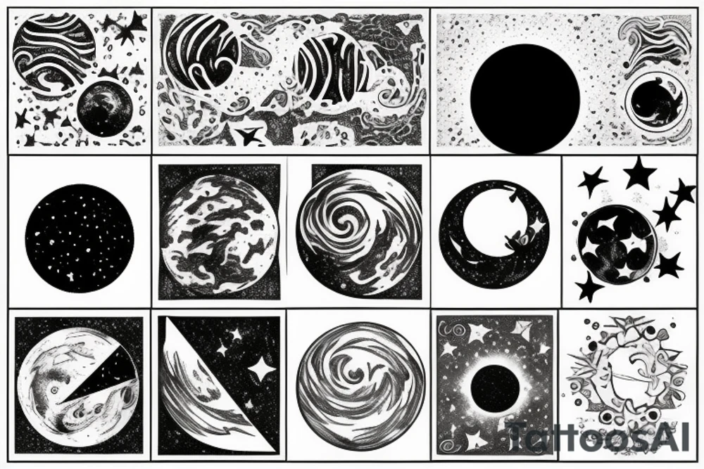 Star covered background with a black moon and distant sun in the right corner in the foreground then Venus diagonally under it and Mercury diagonally under Venus tattoo idea