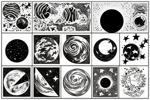 Star covered background with a black moon and distant sun in the right corner in the foreground then Venus diagonally under it and Mercury diagonally under Venus tattoo idea