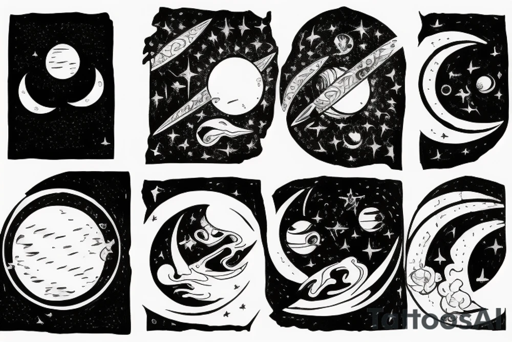a black moon and distant sun in the right corner in the foreground then Venus diagonally under it and Mercury diagonally under Venus and distant stars in the background realistically tattoo idea