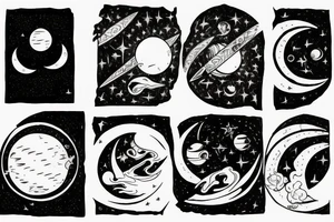 a black moon and distant sun in the right corner in the foreground then Venus diagonally under it and Mercury diagonally under Venus and distant stars in the background realistically tattoo idea