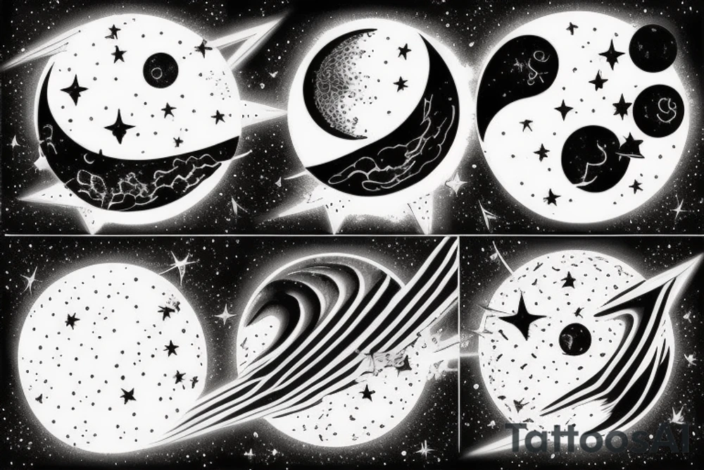 a black moon and distant sun in the right corner in the foreground then Venus diagonally under it and Mercury diagonally under Venus and distant stars in the background realistically tattoo idea