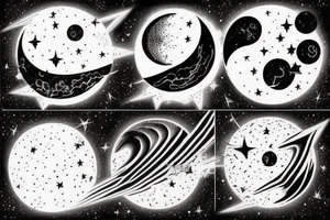 a black moon and distant sun in the right corner in the foreground then Venus diagonally under it and Mercury diagonally under Venus and distant stars in the background realistically tattoo idea