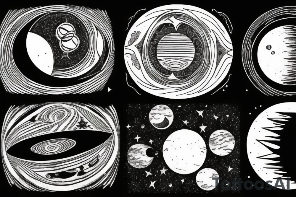 a black moon and distant sun in the right corner in the foreground then Venus diagonally under it and Mercury diagonally under Venus and distant stars in the background realistically tattoo idea