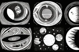 a black moon and distant sun in the right corner in the foreground then Venus diagonally under it and Mercury diagonally under Venus and distant stars in the background realistically tattoo idea