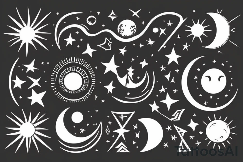 a black moon and distant sun in the right corner in the foreground then Venus diagonally under it and Mercury diagonally under Venus and distant stars in the background realistically tattoo idea
