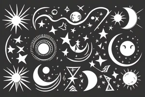 a black moon and distant sun in the right corner in the foreground then Venus diagonally under it and Mercury diagonally under Venus and distant stars in the background realistically tattoo idea