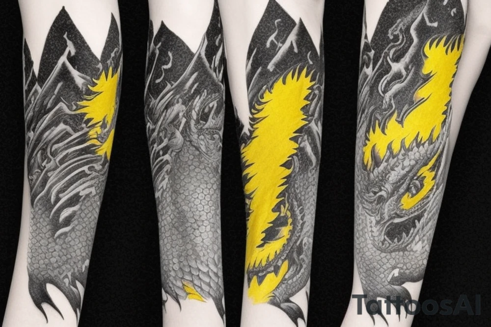 full arm sleeve
dragon tattoo with black scales, yellow accents, sharp claws, long silky hair and expressive eyes. Its head perches on your shoulder, and its body wraps around the arm in a spiral. The dragon's mouth is open as if it's roaring.
Snowy mountains in the distance, scattered pine trees, and a blue sky. The tallest peak is in the centre of the design, and the snow is piled high on the ground. tattoo idea