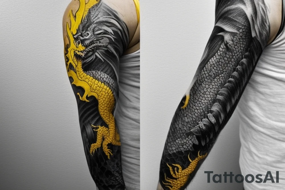full arm sleeve
dragon tattoo with black scales, yellow accents, sharp claws, long silky hair and expressive eyes. Its head perches on your shoulder, and its body wraps around the arm in a spiral. The dragon's mouth is open as if it's roaring.
Snowy mountains in the distance, scattered pine trees, and a blue sky. The tallest peak is in the centre of the design, and the snow is piled high on the ground. tattoo idea