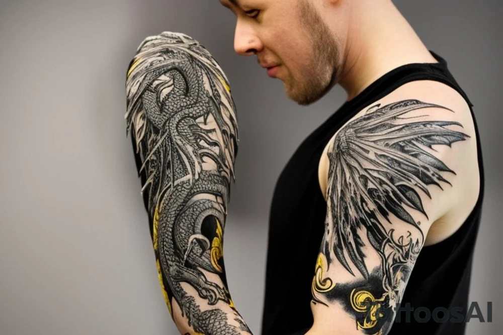 full arm sleeve
dragon tattoo with black scales, yellow accents, sharp claws, long silky hair and expressive eyes. Its head perches on your shoulder, and its body wraps around the arm in a spiral. The dragon's mouth is open as if it's roaring.
Snowy mountains in the distance, scattered pine trees, and a blue sky. The tallest peak is in the centre of the design, and the snow is piled high on the ground. tattoo idea
