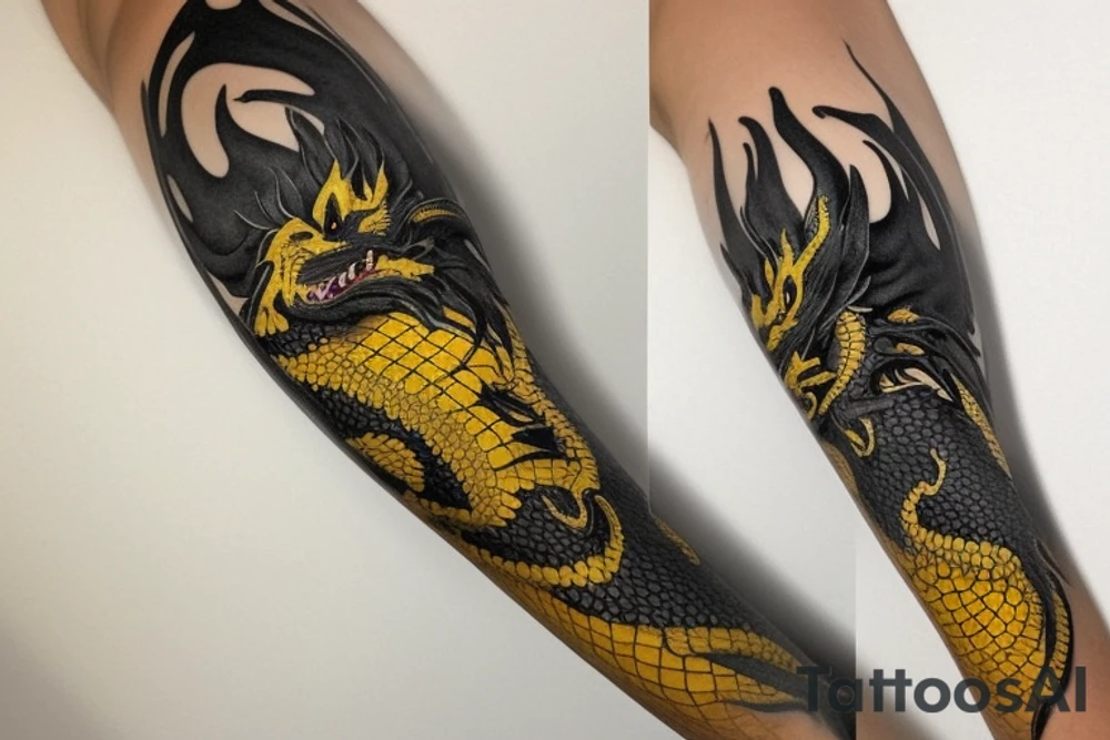 full arm sleeve
dragon tattoo with black scales, yellow accents, sharp claws, long silky hair and expressive eyes. Its head perches on your shoulder, and its body wraps around the arm in a spiral. The dragon's mouth is open as if it's roaring.
Snowy mountains in the distance, scattered pine trees, and a blue sky. The tallest peak is in the centre of the design, and the snow is piled high on the ground. tattoo idea