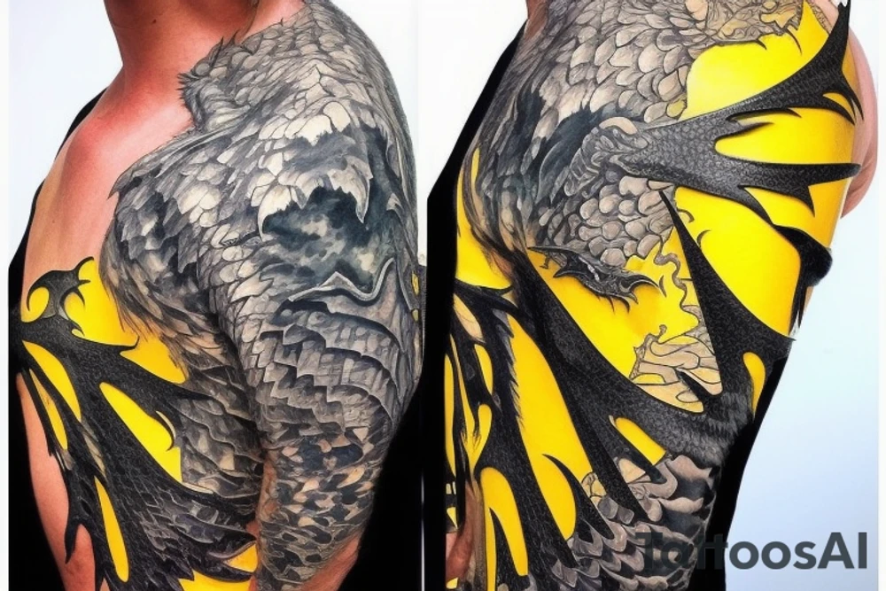 Shoulder sleeve
dragon tattoo with black scales, yellow accents, sharp claws, long silky hair and expressive eyes. Its head perches on your shoulder, and its body wraps around the arm in a spiral. The dragon's mouth is open as if it's roaring.
Snowy mountains in the distance, scattered pine trees, and a blue sky. The tallest peak is in the centre of the design, and the snow is piled high on the ground. tattoo idea
