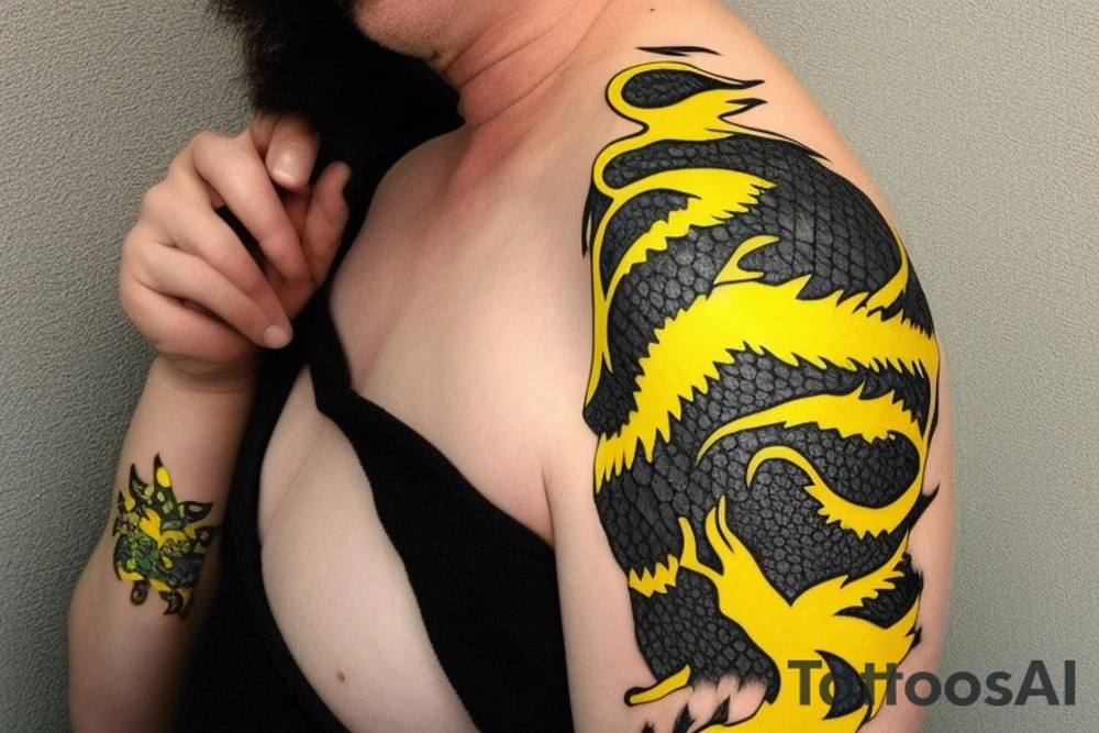 Shoulder sleeve
dragon tattoo with black scales, yellow accents, sharp claws, long silky hair and expressive eyes. Its head perches on your shoulder, and its body wraps around the arm in a spiral. The dragon's mouth is open as if it's roaring.
Snowy mountains in the distance, scattered pine trees, and a blue sky. The tallest peak is in the centre of the design, and the snow is piled high on the ground. tattoo idea