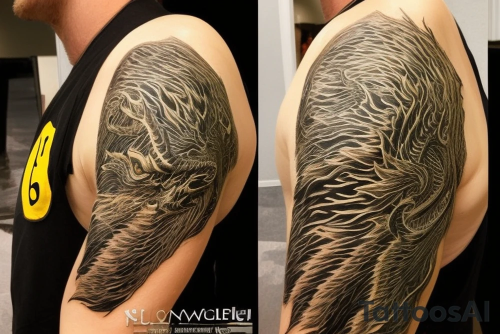 Shoulder sleeve
dragon tattoo with black scales, yellow accents, sharp claws, long silky hair and expressive eyes. Its head perches on your shoulder, and its body wraps around the arm in a spiral. The dragon's mouth is open as if it's roaring.
Snowy mountains in the distance, scattered pine trees, and a blue sky. The tallest peak is in the centre of the design, and the snow is piled high on the ground. tattoo idea