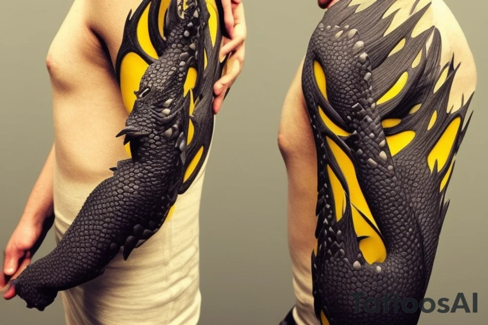 Shoulder sleeve
dragon tattoo with black scales, yellow accents, sharp claws, long silky hair and expressive eyes. Its head perches on your shoulder, and its body wraps around the arm in a spiral. The dragon's mouth is open as if it's roaring.
Snowy mountains in the distance, scattered pine trees, and a blue sky. The tallest peak is in the centre of the design, and the snow is piled high on the ground. tattoo idea