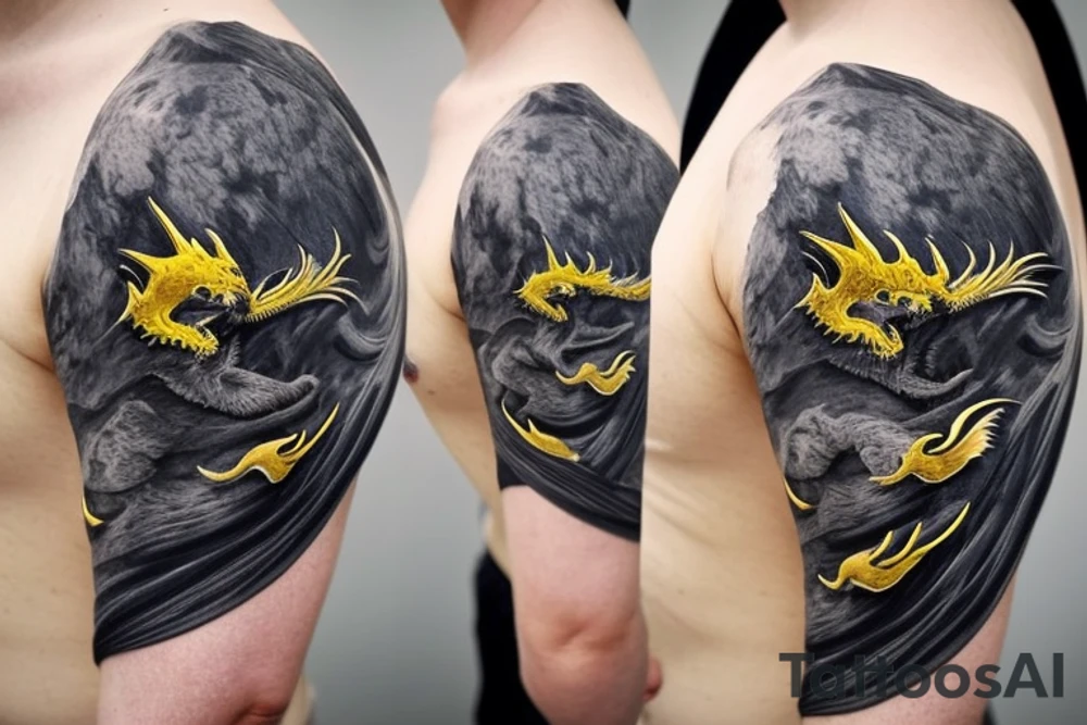 Shoulder sleeve
dragon tattoo with black scales, yellow accents, sharp claws, long silky hair and expressive eyes. Its head perches on your shoulder, and its body wraps around the arm in a spiral. The dragon's mouth is open as if it's roaring. Snowy mountains in the distance, scattered pine trees, and a blue sky. The tallest peak is in the centre of the design, and the snow is piled high on the ground. tattoo idea