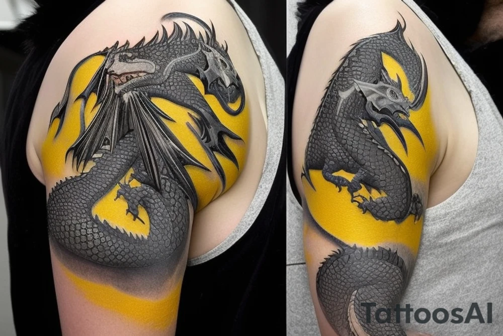 Shoulder sleeve
dragon tattoo with black scales, yellow accents, sharp claws, long silky hair and expressive eyes. Its head perches on your shoulder, and its body wraps around the arm in a spiral. The dragon's mouth is open as if it's roaring. Snowy mountains in the distance, scattered pine trees, and a blue sky. The tallest peak is in the centre of the design, and the snow is piled high on the ground. tattoo idea