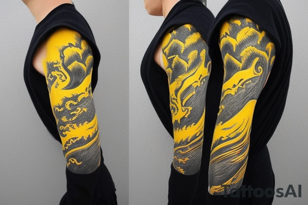 Shoulder sleeve
dragon tattoo with black scales, yellow accents, sharp claws, long silky hair and expressive eyes. Its head perches on your shoulder, and its body wraps around the arm in a spiral. The dragon's mouth is open as if it's roaring. Snowy mountains in the distance, scattered pine trees, and a blue sky. The tallest peak is in the centre of the design, and the snow is piled high on the ground. tattoo idea