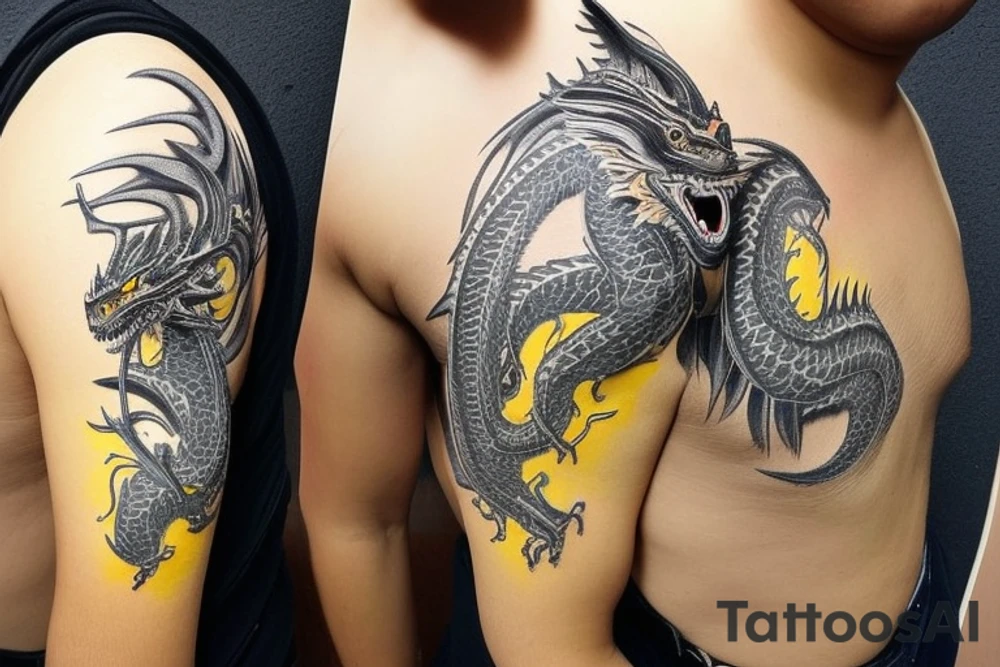 Shoulder sleeve
dragon tattoo with black scales, yellow accents, sharp claws, long silky hair and expressive eyes. Its head perches on your shoulder, and its body wraps around the arm in a spiral. The dragon's mouth is open as if it's roaring. Snowy mountains in the distance, scattered pine trees, and a blue sky. The tallest peak is in the centre of the design, and the snow is piled high on the ground. tattoo idea