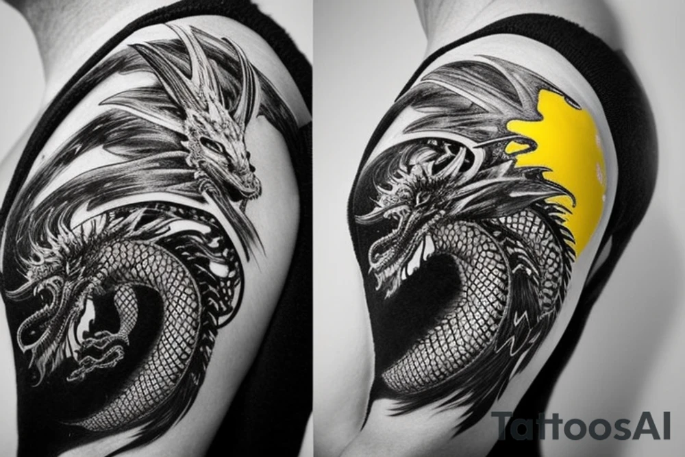Shoulder sleeve
dragon tattoo with black scales, yellow accents, sharp claws, long silky hair and expressive eyes. Its head perches on your shoulder, and its body wraps around the arm in a spiral. The dragon's mouth is open as if it's roaring. Snowy mountains in the distance, scattered pine trees, and a blue sky. The tallest peak is in the centre of the design, and the snow is piled high on the ground. tattoo idea