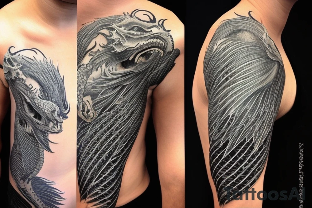 Shoulder sleeve
dragon tattoo with black scales, yellow accents, sharp claws, long silky hair and expressive eyes. Its head perches on your shoulder, and its body wraps around the arm in a spiral. The dragon's mouth is open as if it's roaring. Snowy mountains in the distance, scattered pine trees, and a blue sky. The tallest peak is in the centre of the design, and the snow is piled high on the ground. tattoo idea