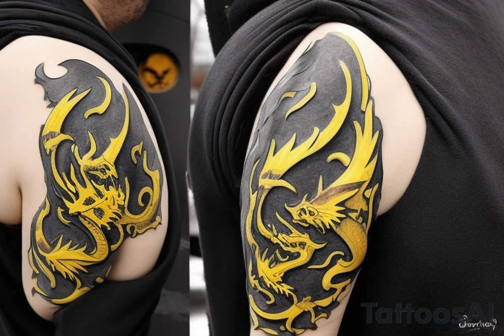 Shoulder sleeve
dragon tattoo with black scales, yellow accents, sharp claws, long silky hair and expressive eyes. Its head perches on your shoulder, and its body wraps around the arm in a spiral. The dragon's mouth is open as if it's roaring. Snowy mountains in the distance, scattered pine trees, and a blue sky. The tallest peak is in the centre of the design, and the snow is piled high on the ground. tattoo idea