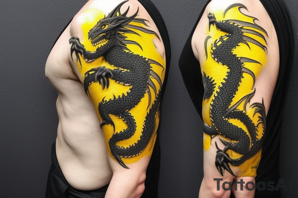 Shoulder sleeve
dragon tattoo with black scales, yellow accents, sharp claws, long silky hair and expressive eyes. Its head perches on your shoulder, and its body wraps around the arm in a spiral. The dragon's mouth is open as if it's roaring. Snowy mountains in the distance, scattered pine trees, and a blue sky. The tallest peak is in the centre of the design, and the snow is piled high on the ground. tattoo idea