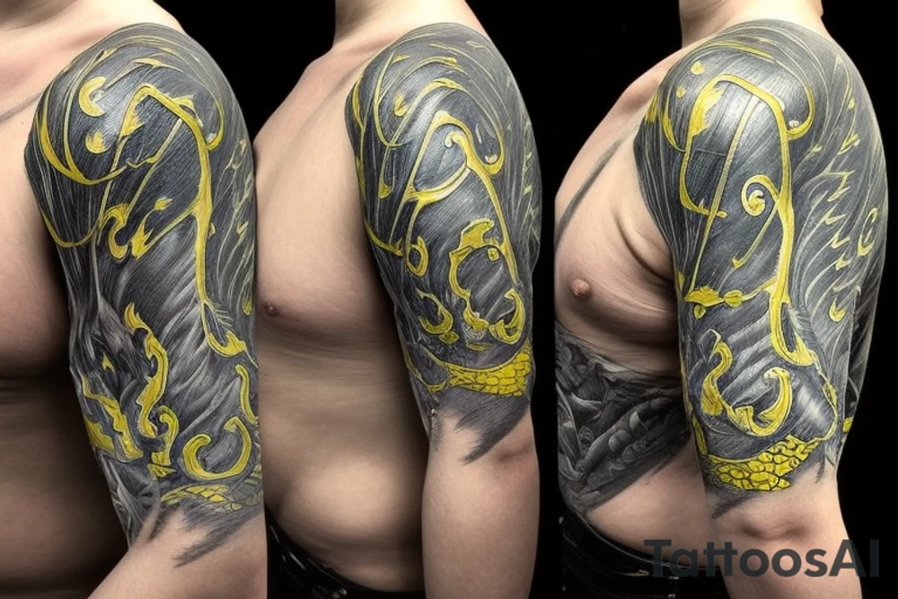 Shoulder sleeve
dragon tattoo with black scales, yellow accents, sharp claws, long silky hair and expressive eyes. Its head perches on your shoulder, and its body wraps around the arm in a spiral. The dragon's mouth is open as if it's roaring. Snowy mountains in the distance, scattered pine trees, and a blue sky. The tallest peak is in the centre of the design, and the snow is piled high on the ground. tattoo idea