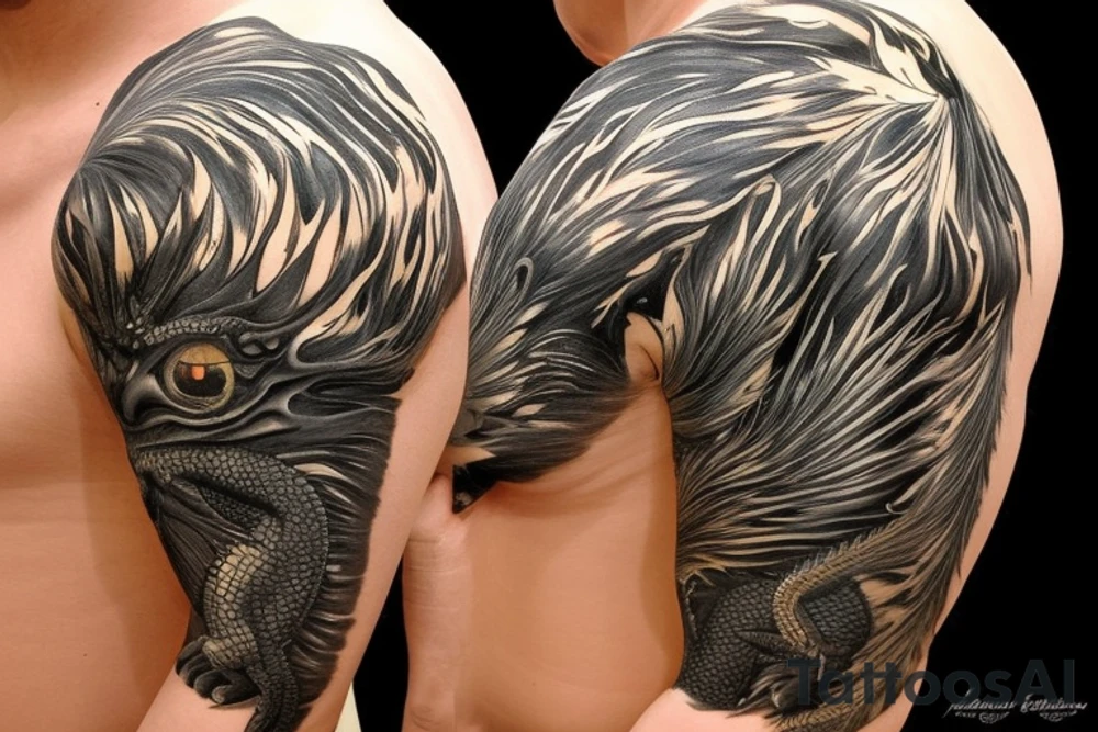 Shoulder sleeve
dragon tattoo with black scales, yellow accents, sharp claws, long silky hair and expressive eyes. Its head perches on your shoulder, and its body wraps around the arm in a spiral. The dragon's mouth is open as if it's roaring. Snowy mountains in the distance, scattered pine trees, and a blue sky. The tallest peak is in the centre of the design, and the snow is piled high on the ground. tattoo idea