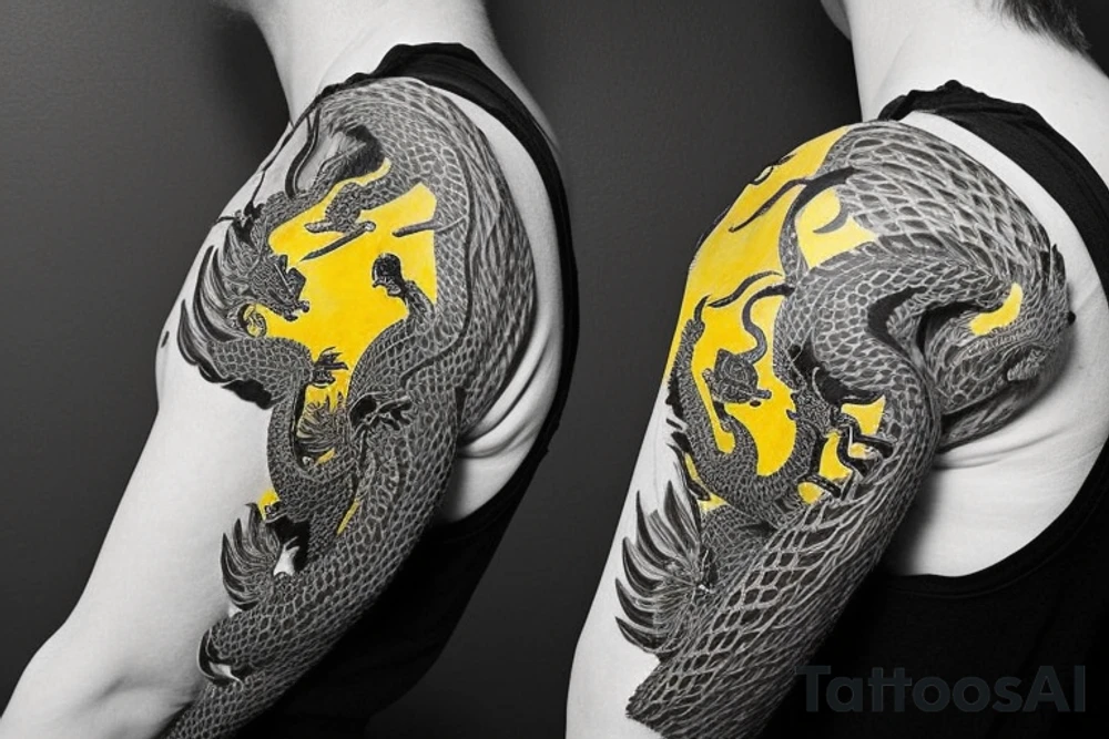Shoulder sleeve
dragon tattoo with black scales, yellow accents, sharp claws, long silky hair and expressive eyes. Its head perches on your shoulder, and its body wraps around the arm in a spiral. The dragon's mouth is open as if it's roaring. Snowy mountains in the distance, scattered pine trees, and a blue sky. The tallest peak is in the centre of the design, and the snow is piled high on the ground. tattoo idea