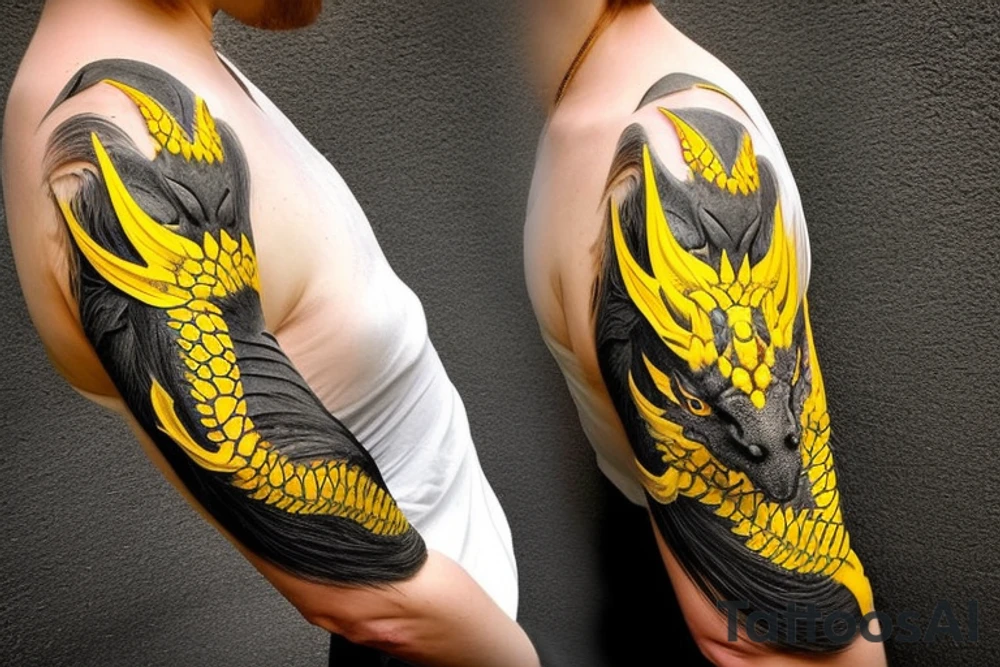 Shoulder sleeve
dragon tattoo with black scales, yellow accents, sharp claws, long silky hair and expressive eyes. Its head perches on your shoulder, and its body wraps around the arm in a spiral. The dragon's mouth is open as if it's roaring. Snowy mountains in the distance, scattered pine trees, and a blue sky. The tallest peak is in the centre of the design, and the snow is piled high on the ground. tattoo idea
