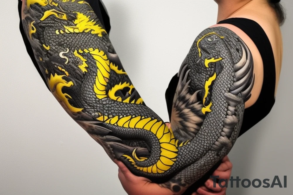 Shoulder sleeve
dragon tattoo with black scales, yellow accents, sharp claws, long silky hair and expressive eyes. Its head is on the shoulder, and its body wraps around the arm in a spiral. The dragon's mouth is open as if it's roaring. Snowy mountains in the distance, scattered pine trees, and a blue sky. The tallest peak is in the centre of the design, and the snow is piled high on the ground. tattoo idea