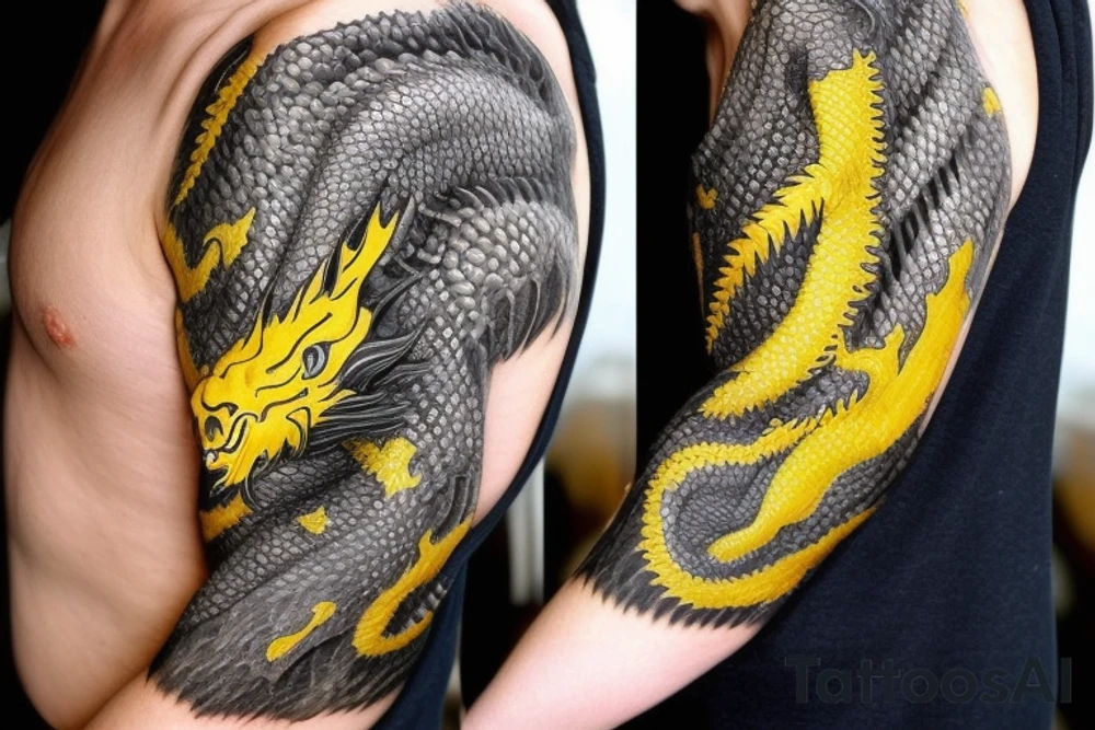 Shoulder sleeve
dragon tattoo with black scales, yellow accents, sharp claws, long silky hair and expressive eyes. Its head is on the shoulder, and its body wraps around the arm in a spiral. The dragon's mouth is open as if it's roaring. Snowy mountains in the distance, scattered pine trees, and a blue sky. The tallest peak is in the centre of the design, and the snow is piled high on the ground. tattoo idea