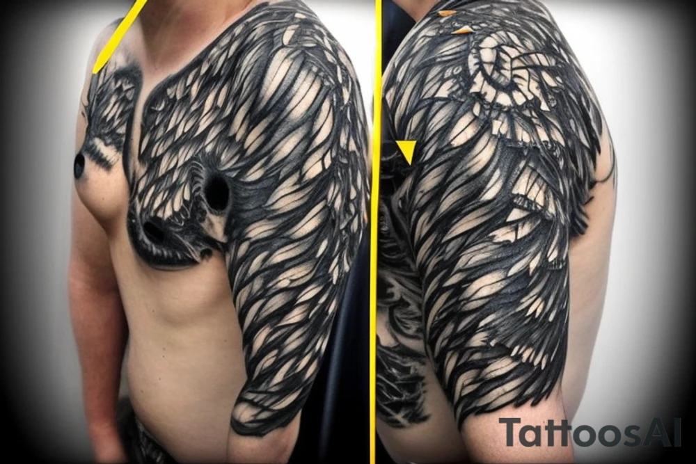 Shoulder sleeve
dragon tattoo with black scales, yellow accents, sharp claws, long silky hair and expressive eyes. Its head is on the shoulder, and its body wraps around the arm in a spiral. The dragon's mouth is open as if it's roaring. Snowy mountains in the distance, scattered pine trees, and a blue sky. The tallest peak is in the centre of the design, and the snow is piled high on the ground. tattoo idea