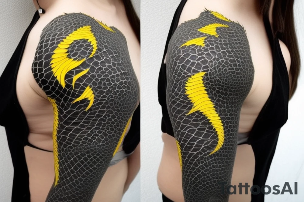 Shoulder sleeve
dragon tattoo with black scales, yellow accents, sharp claws, long silky hair and expressive eyes. Its head is on the shoulder, and its body wraps around the arm in a spiral. The dragon's mouth is open as if it's roaring. Snowy mountains in the distance, scattered pine trees, and a blue sky. The tallest peak is in the centre of the design, and the snow is piled high on the ground. tattoo idea
