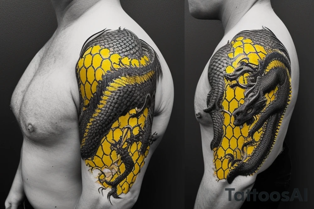 Shoulder sleeve
dragon tattoo with black scales, yellow accents, sharp claws, long silky hair and expressive eyes. Its head is on the shoulder, and its body wraps around the arm in a spiral. The dragon's mouth is open as if it's roaring. Snowy mountains in the distance, scattered pine trees, and a blue sky. The tallest peak is in the centre of the design, and the snow is piled high on the ground. tattoo idea