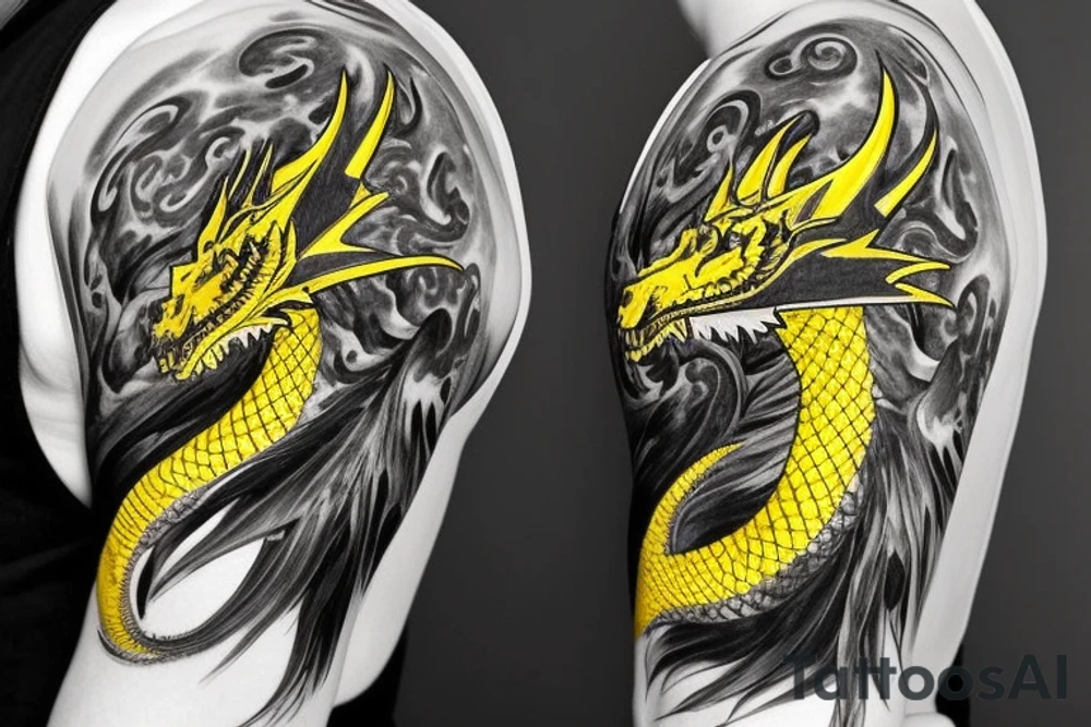 Shoulder sleeve
dragon tattoo with black scales, yellow accents, sharp claws, long silky hair and expressive eyes. Its head is on the shoulder, and its body wraps around the arm in a spiral. The dragon's mouth is open as if it's roaring. Snowy mountains in the distance, scattered pine trees, and a blue sky. The tallest peak is in the centre of the design, and the snow is piled high on the ground. tattoo idea