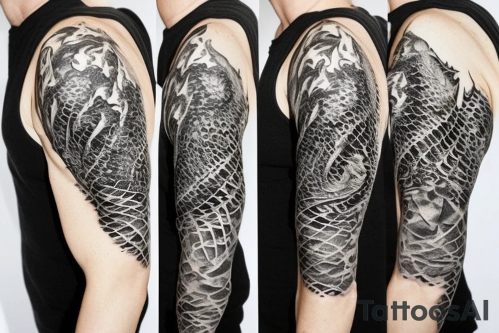 Shoulder sleeve
dragon tattoo with black scales, yellow accents, sharp claws, long silky hair and expressive eyes. Its head is on the shoulder, and its body wraps around the arm in a spiral. The dragon's mouth is open as if it's roaring. Snowy mountains in the distance, scattered pine trees, and a blue sky. The tallest peak is in the centre of the design, and the snow is piled high on the ground. tattoo idea