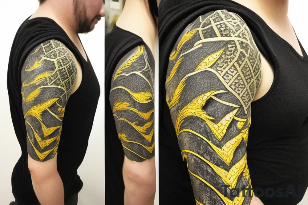 Shoulder sleeve
dragon tattoo with black scales, yellow accents, sharp claws, long silky hair and expressive eyes. Its head is on the shoulder, and its body wraps around the arm in a spiral. The dragon's mouth is open as if it's roaring. Snowy mountains in the distance, scattered pine trees, and a blue sky. The tallest peak is in the centre of the design, and the snow is piled high on the ground. tattoo idea