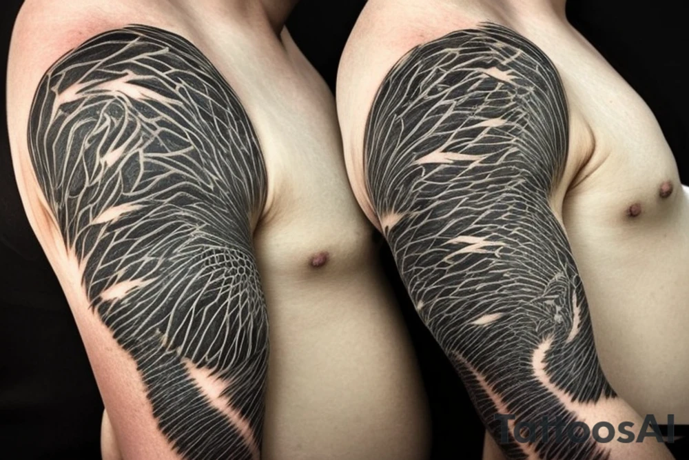 Shoulder sleeve
dragon tattoo with black scales, yellow accents, sharp claws, long silky hair and expressive eyes. Its head is on the shoulder, and its body wraps around the arm in a spiral. The dragon's mouth is open as if it's roaring. Snowy mountains in the distance, scattered pine trees, and a blue sky. The tallest peak is in the centre of the design, and the snow is piled high on the ground. tattoo idea
