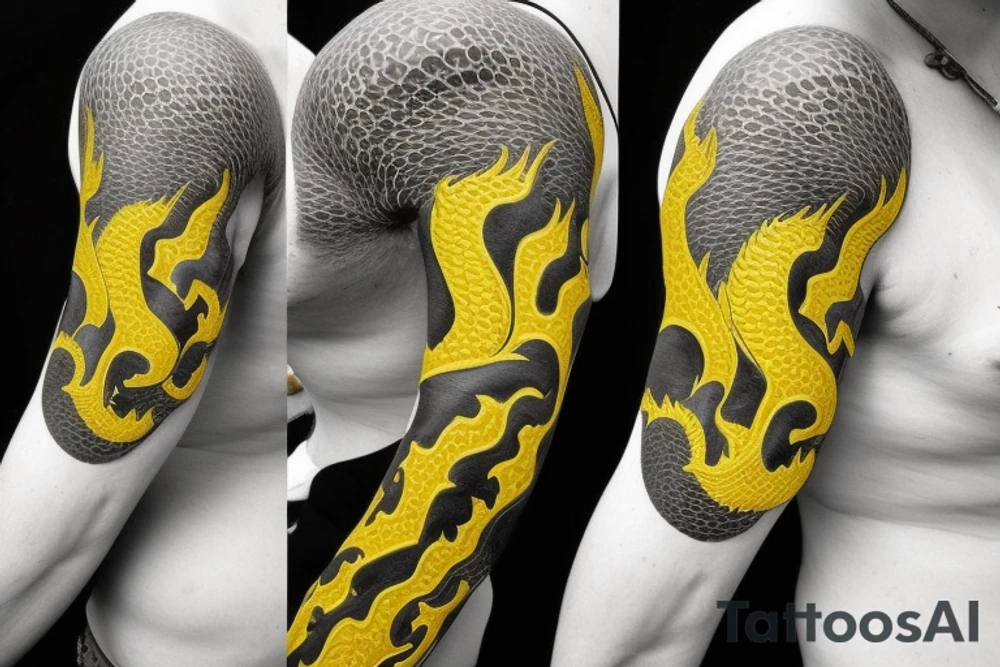 Shoulder sleeve
dragon tattoo with black scales, yellow accents, sharp claws, long silky hair and expressive eyes. Its head is on the shoulder, and its body wraps around the arm in a spiral. The dragon's mouth is open as if it's roaring. Snowy mountains in the distance, scattered pine trees, and a blue sky. The tallest peak is in the centre of the design, and the snow is piled high on the ground. tattoo idea