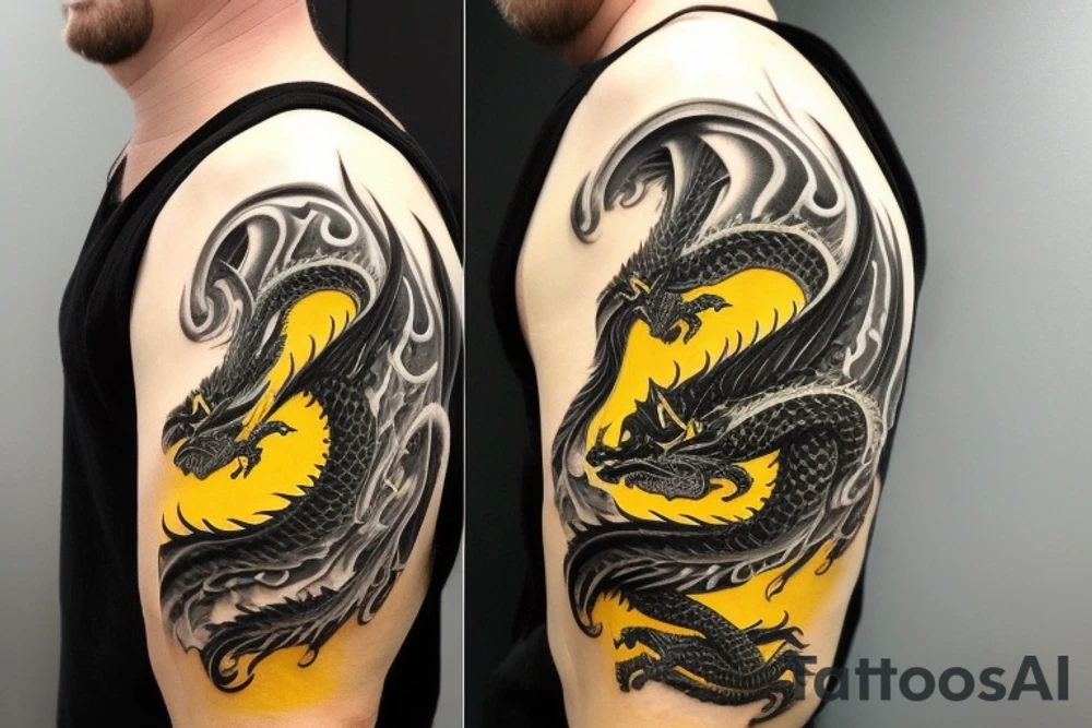 Shoulder sleeve
dragon tattoo with black scales, yellow accents, sharp claws, long silky hair and expressive eyes. Its head is on the shoulder, and its body wraps around the arm in a spiral. The dragon's mouth is open as if it's roaring. Snowy mountains in the distance. The tallest peak is in the centre of the design, and the snow is piled high on the ground. tattoo idea