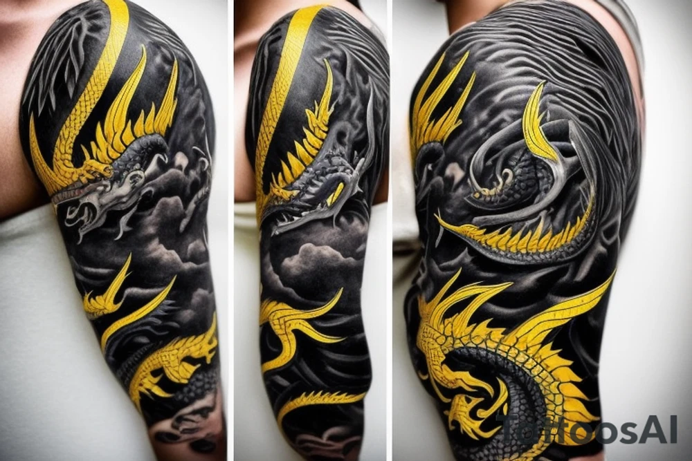 Shoulder sleeve
dragon tattoo with black scales, yellow accents, sharp claws, long silky hair and expressive eyes. Its head is on the shoulder, and its body wraps around the arm in a spiral. The dragon's mouth is open as if it's roaring. Snowy mountains in the distance. The tallest peak is in the centre of the design, and the snow is piled high on the ground. tattoo idea