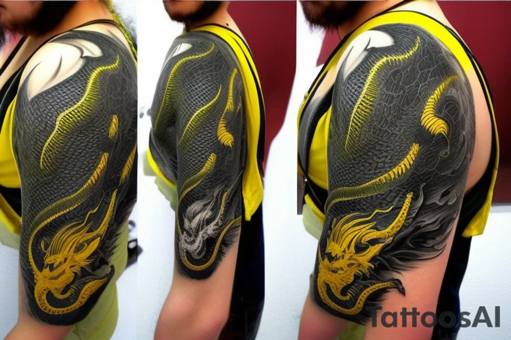 Shoulder sleeve
dragon tattoo with black scales, yellow accents, sharp claws, long silky hair and green expressive eyes. Its head is on the shoulder, and its body wraps around the arm in a spiral. The dragon's mouth is open as if it's roaring. Snowy mountains in the distance. The tallest peak is in the centre of the design, and the snow is piled high on the ground. tattoo idea