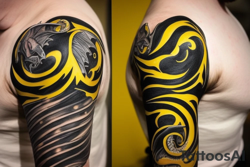 Shoulder sleeve
dragon tattoo with black scales, yellow accents, sharp claws, long silky hair and green expressive eyes. Its head is on the shoulder, and its body wraps around the arm in a spiral. The dragon's mouth is open as if it's roaring. Snowy mountains in the distance. The tallest peak is in the centre of the design, and the snow is piled high on the ground. tattoo idea