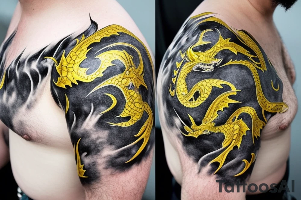Shoulder sleeve
dragon tattoo with black scales, yellow accents, sharp claws, long silky hair and green expressive eyes. Its head is on the shoulder, and its body wraps around the arm in a spiral. The dragon's mouth is open as if it's roaring. Snowy mountains in the distance. The tallest peak is in the centre of the design, and the snow is piled high on the ground. tattoo idea