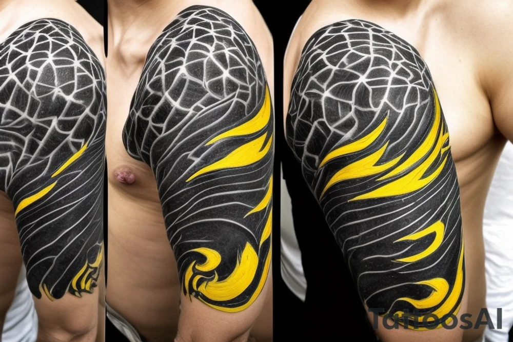 Shoulder sleeve
dragon tattoo with black scales, yellow accents, sharp claws, long silky hair and green expressive eyes. Its head is on the shoulder, and its body wraps around the arm in a spiral. The dragon's mouth is open as if it's roaring. Snowy mountains in the distance. The tallest peak is in the centre of the design, and the snow is piled high on the ground. tattoo idea