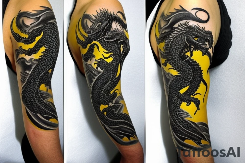 Shoulder sleeve
dragon tattoo with black scales, yellow accents, sharp claws, long silky hair and green expressive eyes. Its head is on the shoulder, and its body wraps around the arm in a spiral. The dragon's mouth is open as if it's roaring. Snowy mountains in the distance. The tallest peak is in the centre of the design, and the snow is piled high on the ground. tattoo idea