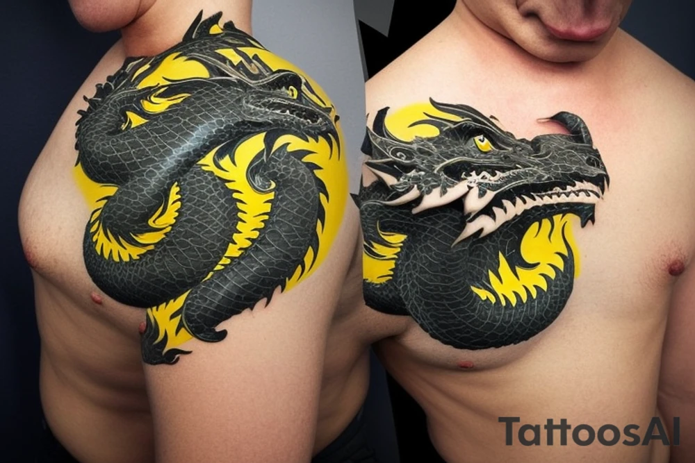 Shoulder sleeve
dragon tattoo with black scales, yellow accents, sharp claws, long silky hair and green expressive eyes. Its head is on the shoulder, and its body wraps around the arm in a spiral. The dragon's mouth is open as if it's roaring. Snowy mountains in the distance. The tallest peak is in the centre of the design, and the snow is piled high on the ground. tattoo idea