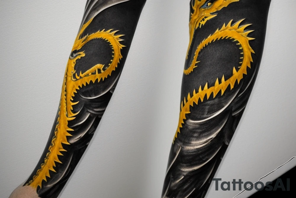 Shoulder sleeve
dragon tattoo with black scales, yellow accents, sharp claws, silky hair and green expressive eyes. Its head is on the shoulder, and its body wraps around the arm in a spiral. The dragon's mouth is open as if it's roaring. Snowy mountains in the distance. The tallest peak is in the centre of the design, and the snow is piled high on the ground. tattoo idea