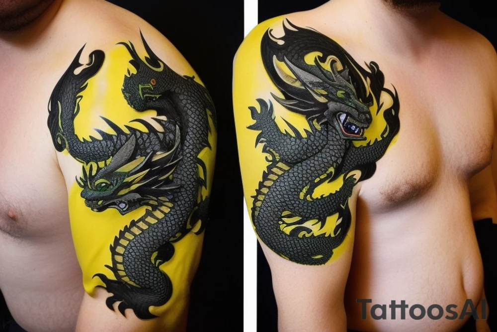 Shoulder sleeve
dragon tattoo with black scales, yellow accents, sharp claws, silky hair and green expressive eyes. Its head is on the shoulder, and its body wraps around the arm in a spiral. The dragon's mouth is open as if it's roaring. Snowy mountains in the distance. The tallest peak is in the centre of the design, and the snow is piled high on the ground. tattoo idea